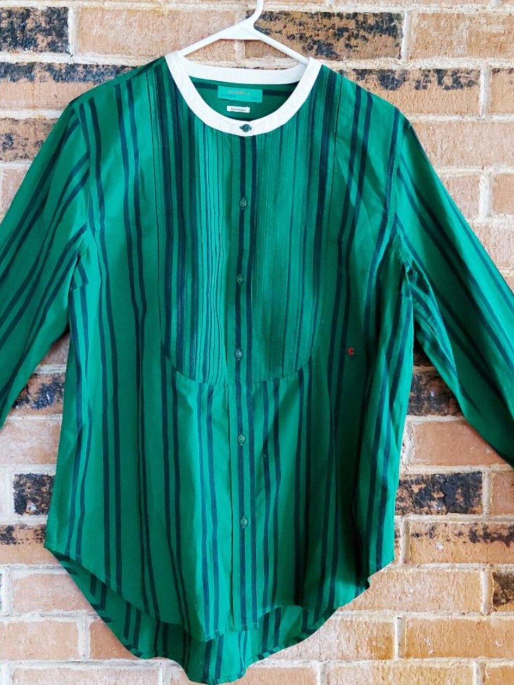 Clare V. Womens Green/Blue/White Striped Tuxedo Shirt
